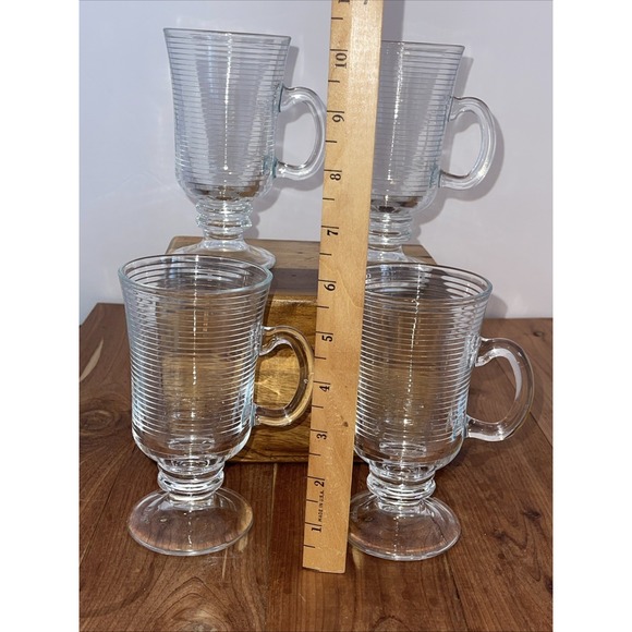 Irish Coffee Mugs Clear Cups Ribbed Pedestal Made in Portugal Set Of 4 Farmhouse - Picture 3 of 6